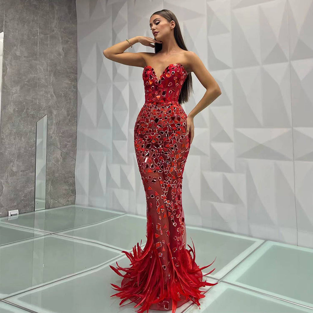 Strapless Sequins Feather Maxi Bodycon Dress Ht2997 Wolddress