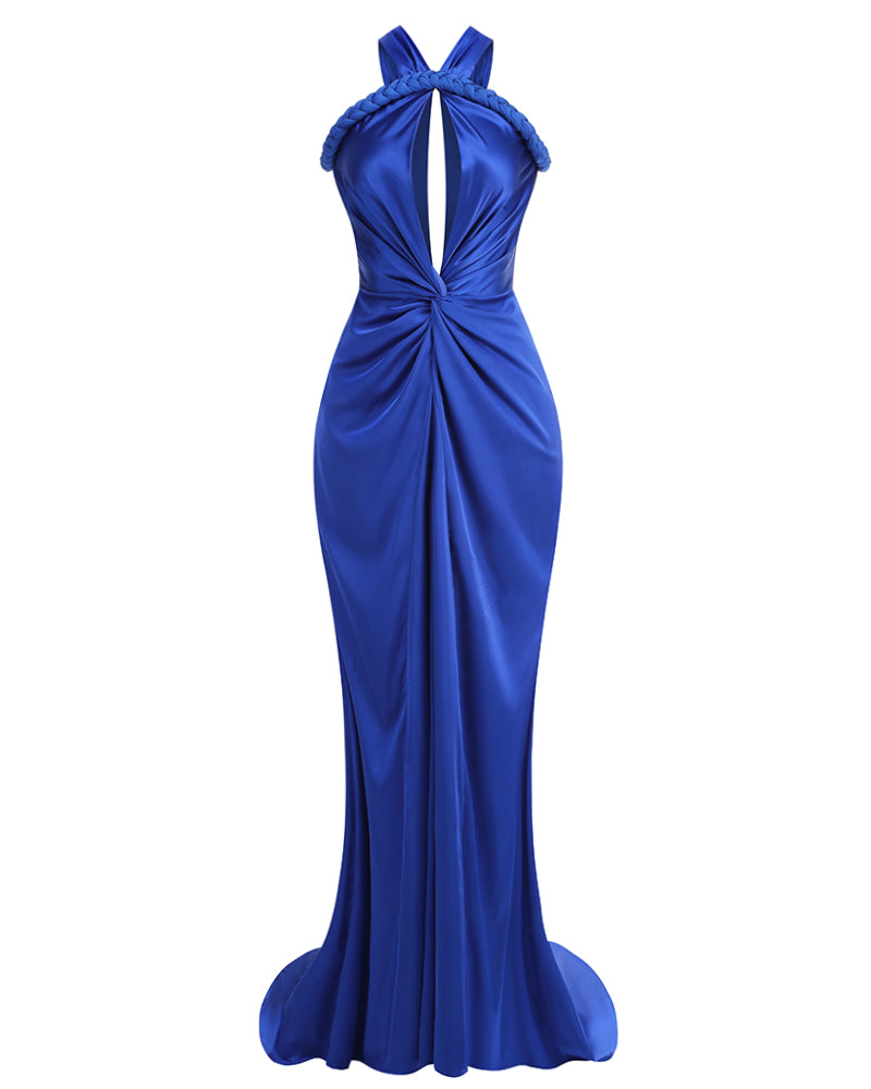 Halterneck Satin Braided Draped Evening Gown