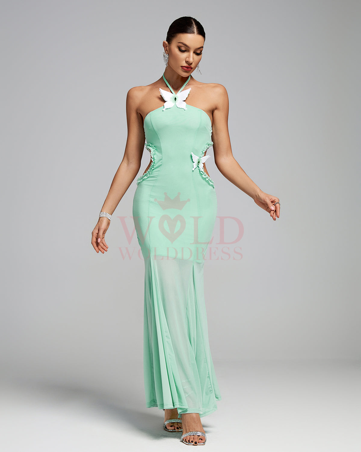 Butterfly Slip Halterneck Tulle Long Dress