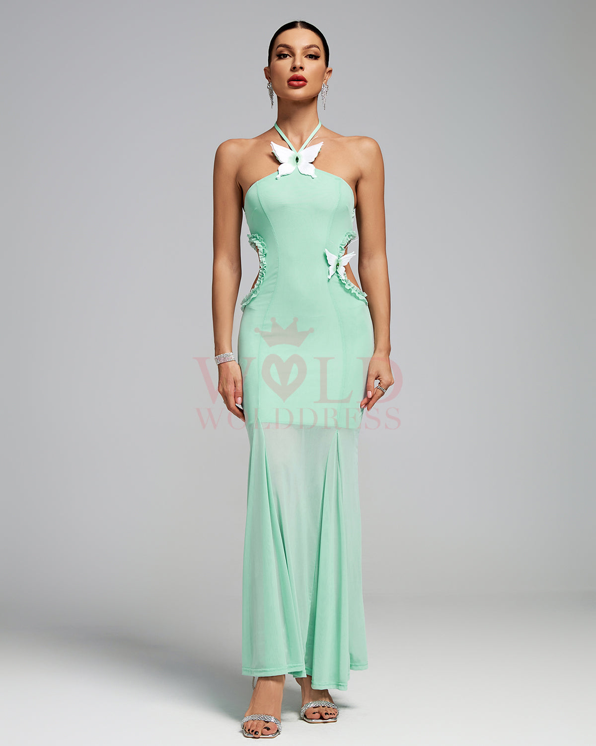 Butterfly Slip Halterneck Tulle Long Dress