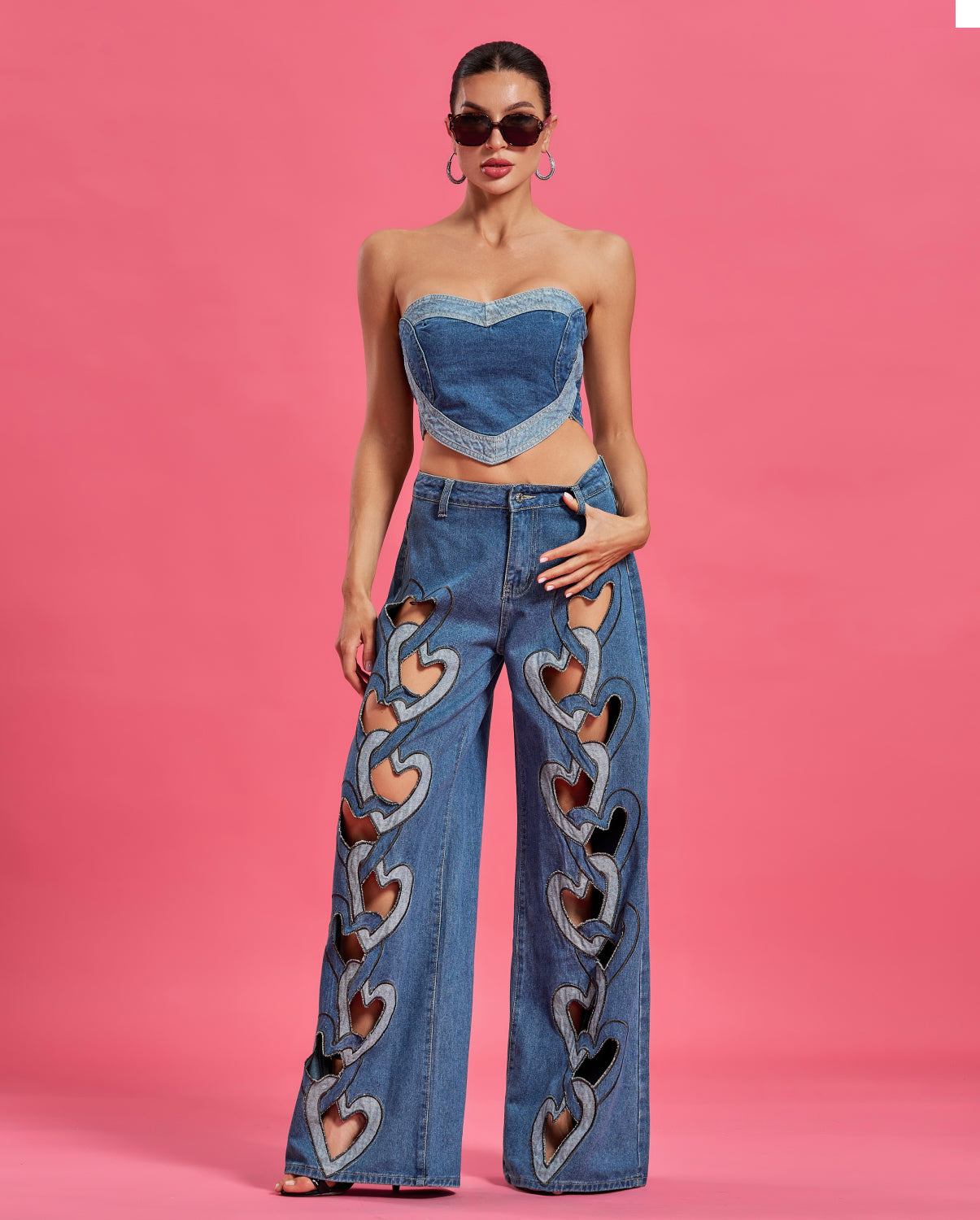 Heart Cutout Wide Leg Jean Set