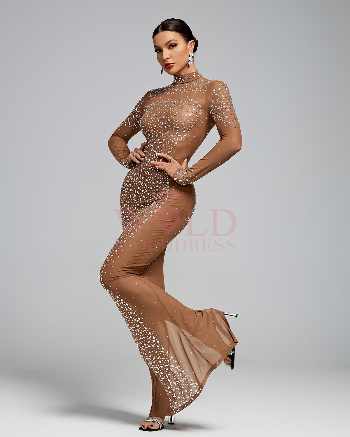 High Neck Crystal Embroidery Bodycon Dress