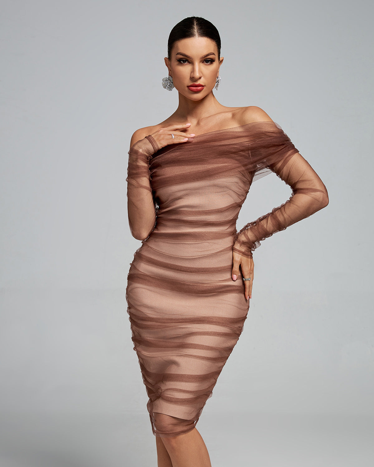 Off Shoulder Ruched Midi Bandage Dress