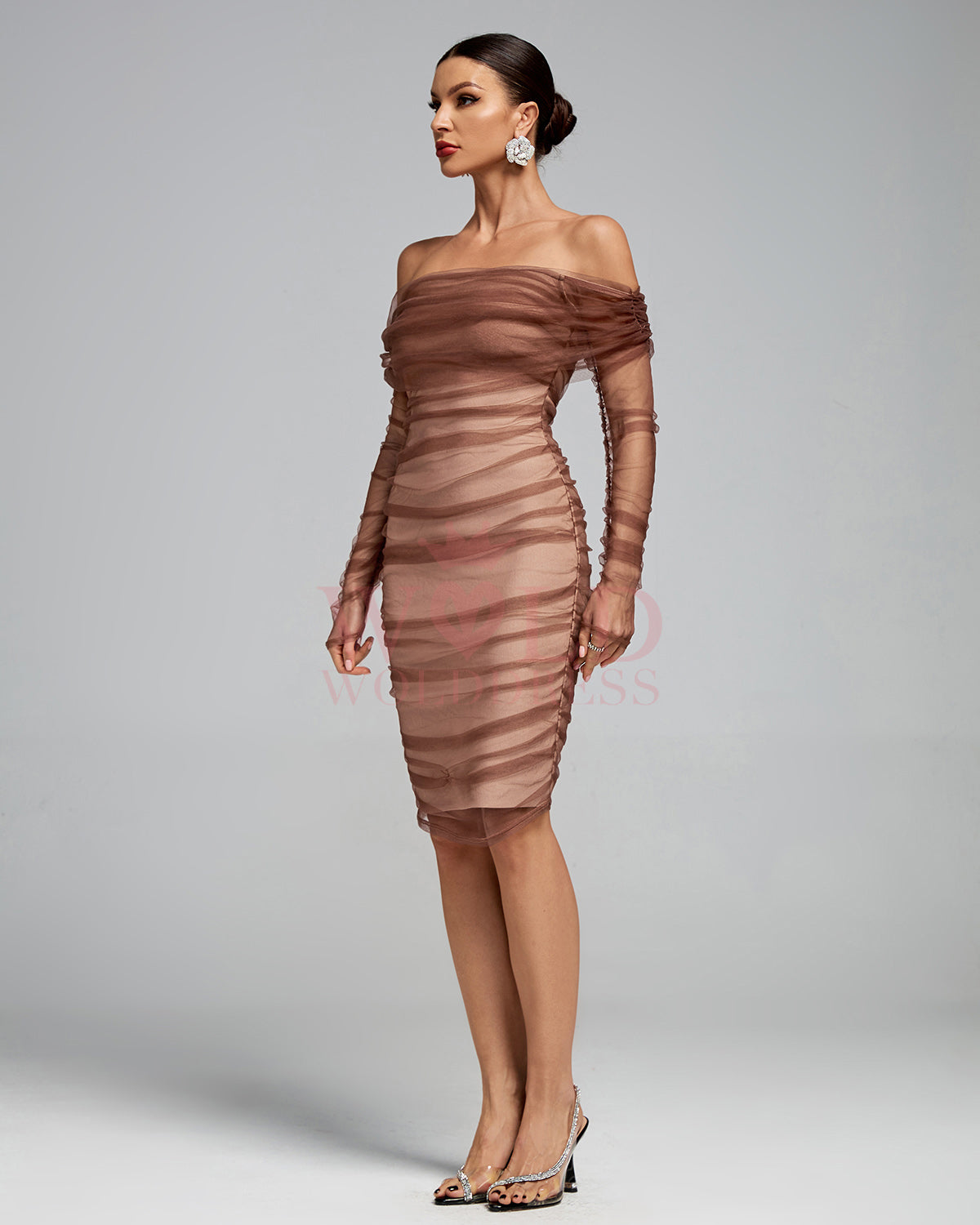 Off Shoulder Ruched Midi Bandage Dress