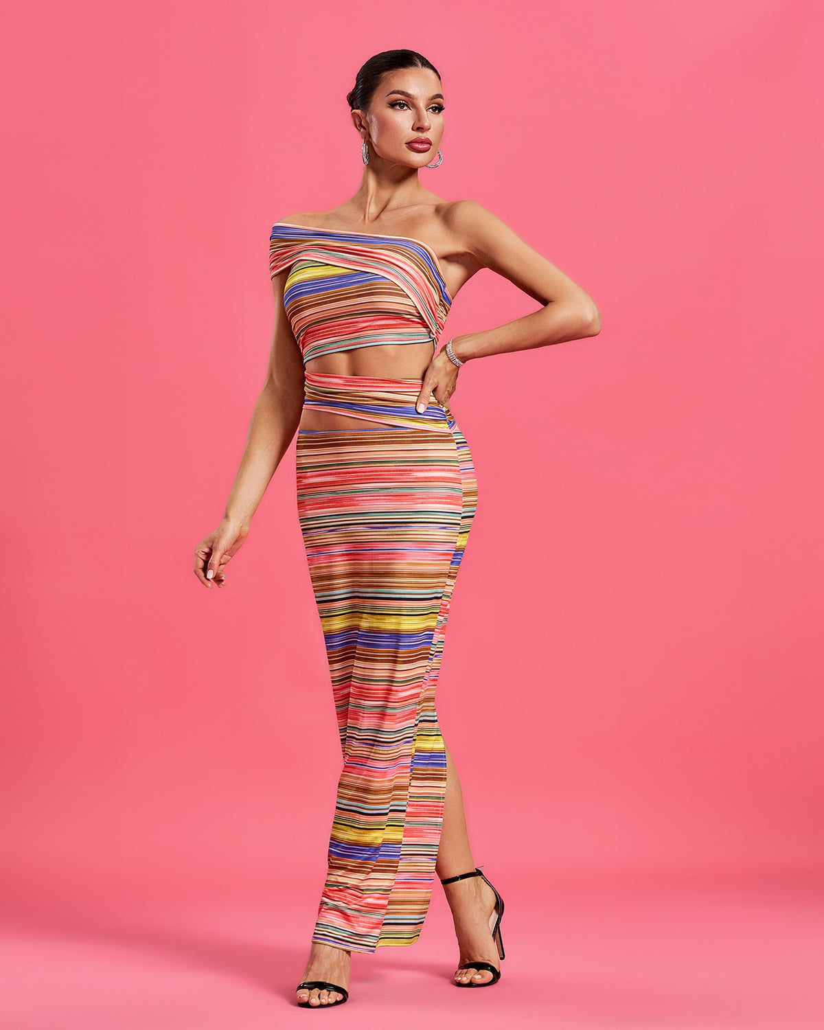 Rainbow Striped Cutout Bodycon Maxi Dress