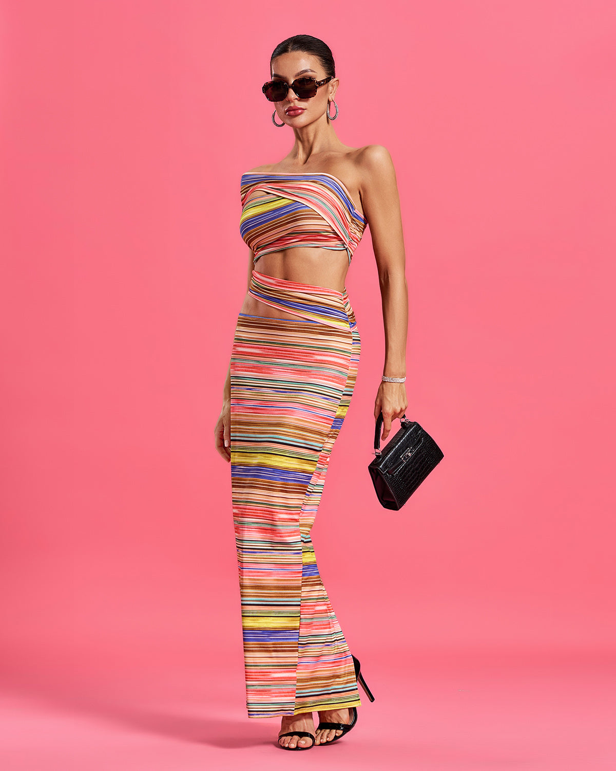 Rainbow Striped Cutout Bodycon Maxi Dress