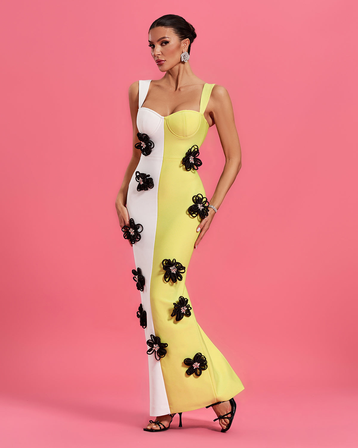 Floral Applique Colorblock Bandage Dress