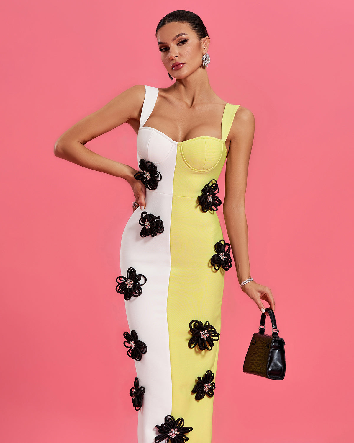 Floral Applique Colorblock Bandage Dress