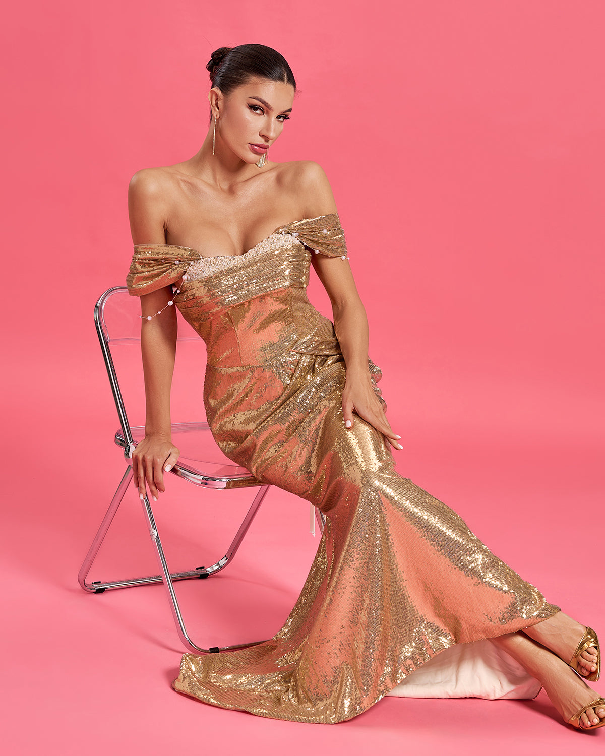 Off Shoulder Gold Mermaid Prom Dress