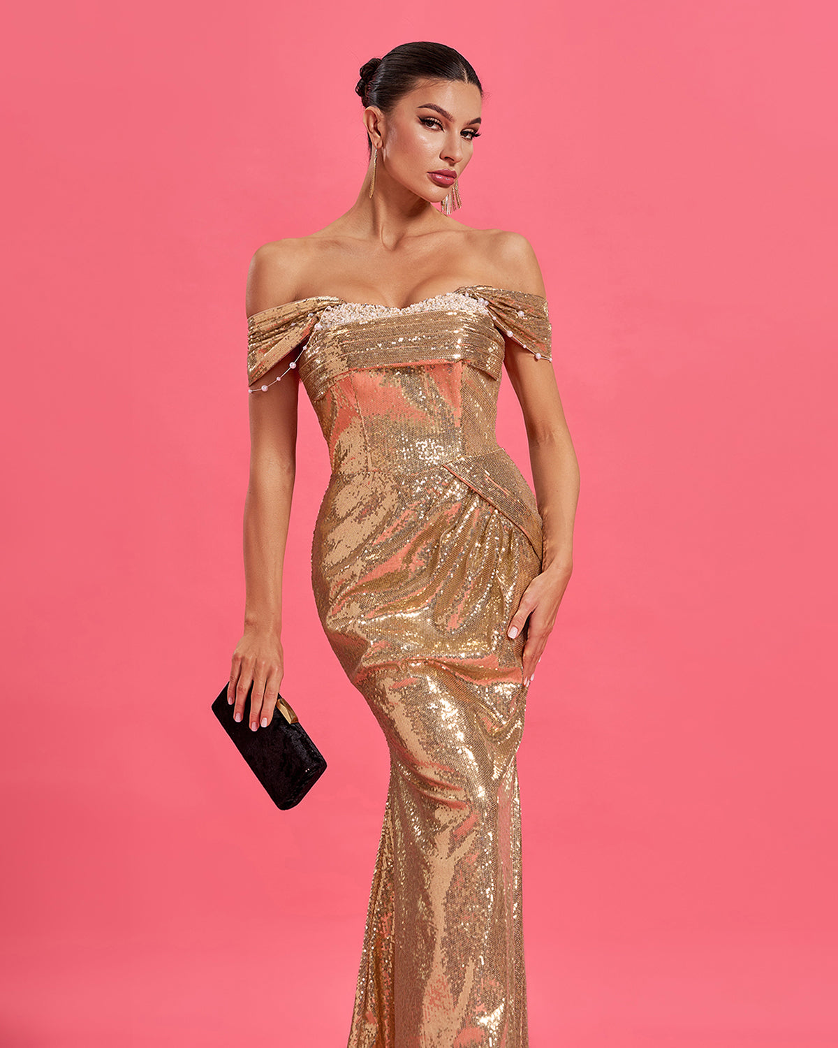 Off Shoulder Gold Mermaid Prom Dress