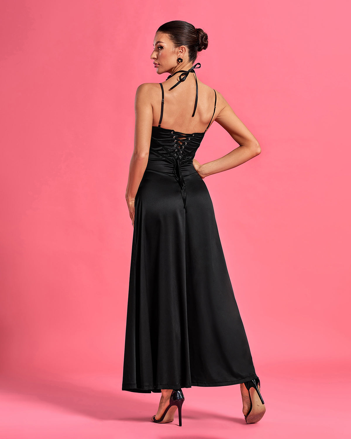 Black Lace-up Open Back Maxi Dress