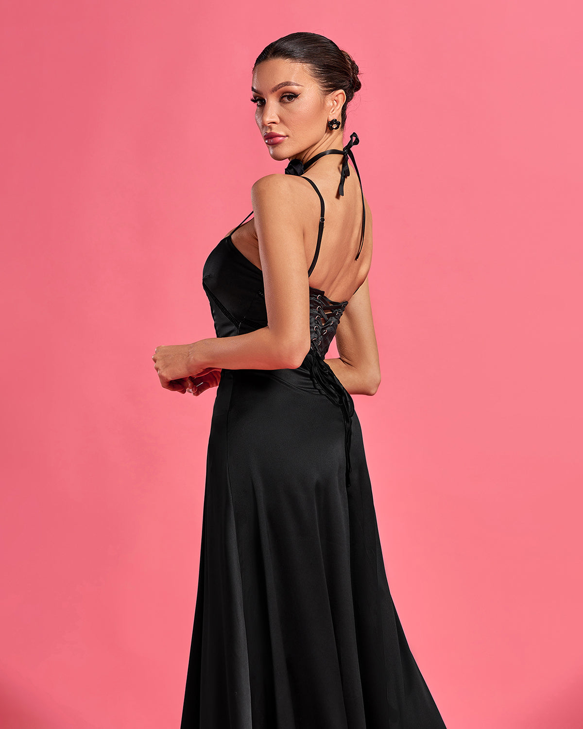 Black Lace-up Open Back Maxi Dress