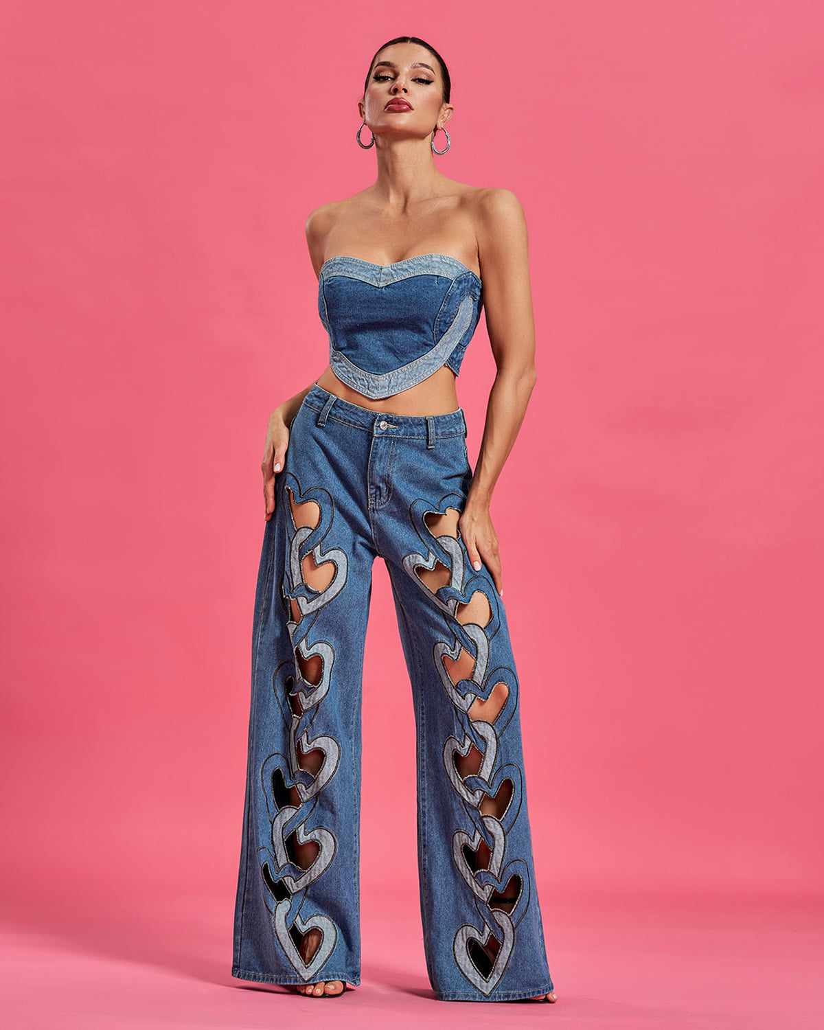 Heart Cutout Wide Leg Jean Set