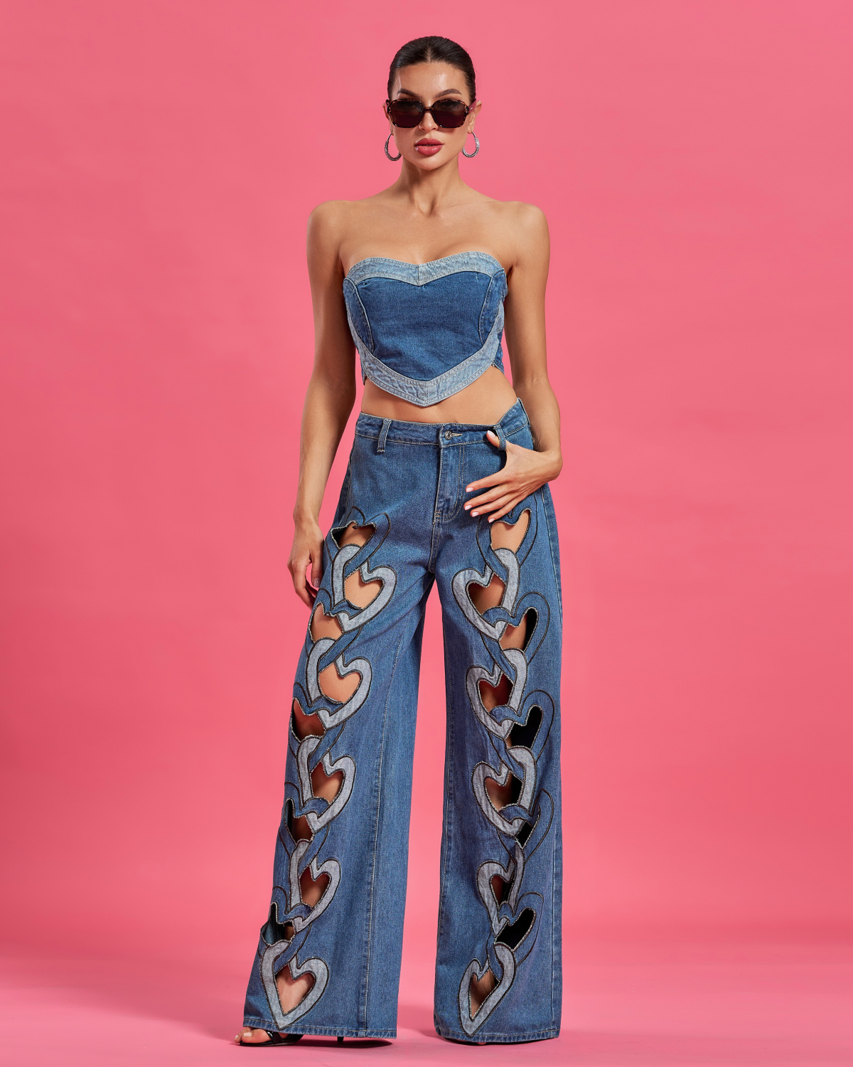 Heart Cutout Wide Leg Jean Set