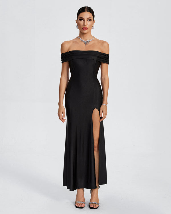 Off Shoulder High Slit Knit Maxi Dress