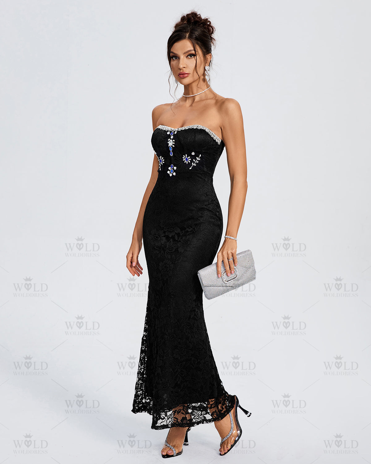 Strapless Crystal-Embellished Lace Maxi Dress