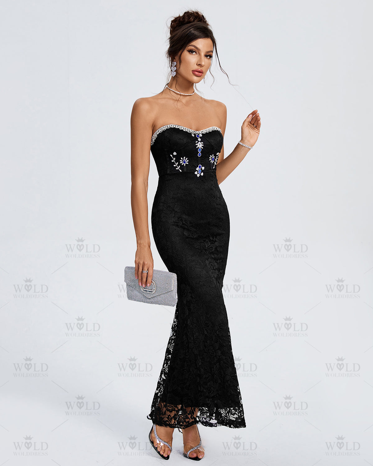 Strapless Crystal-Embellished Lace Maxi Dress