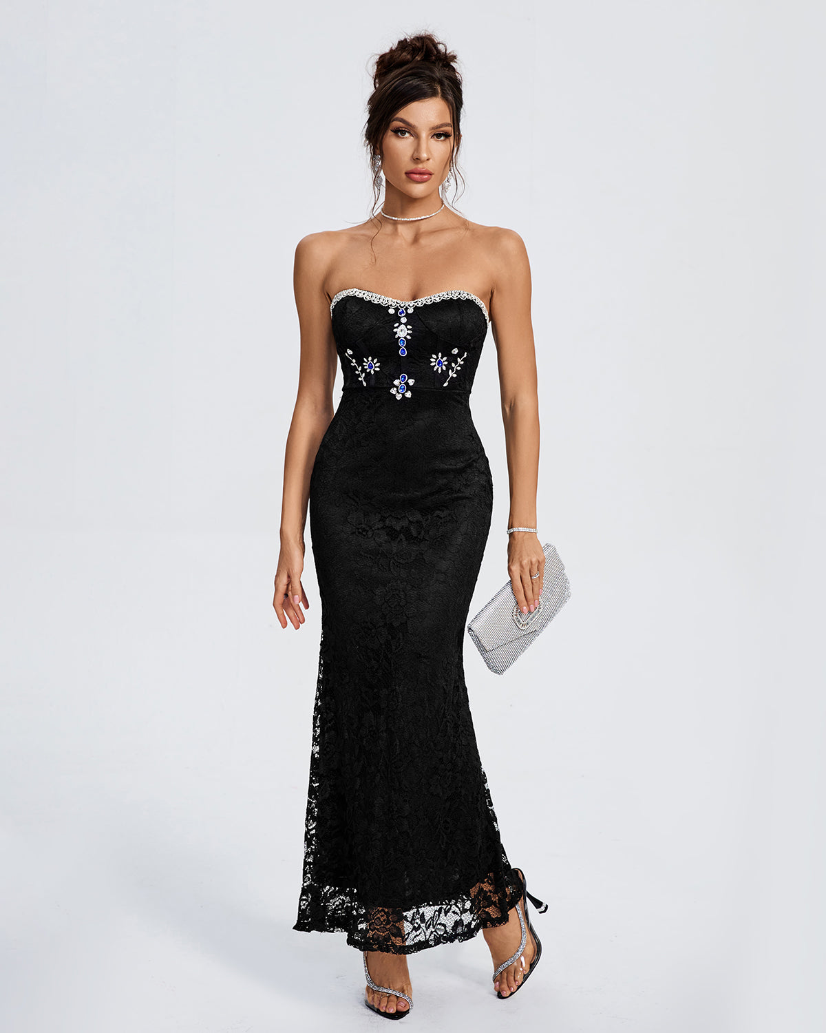 Strapless Crystal-Embellished Lace Maxi Dress