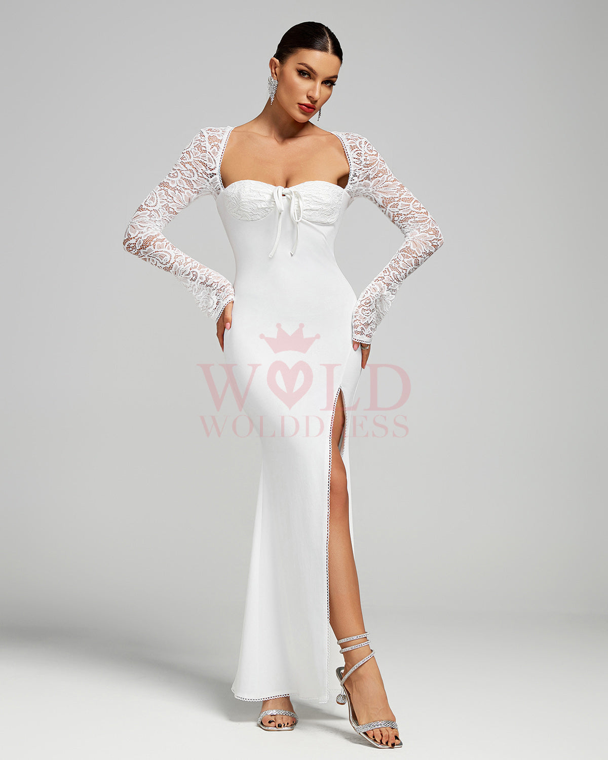 White Lace-Sleeve High Slit Maxi Dress