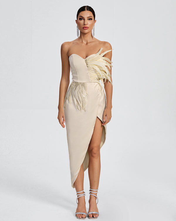 Asymmetrical Feather Midi Dress