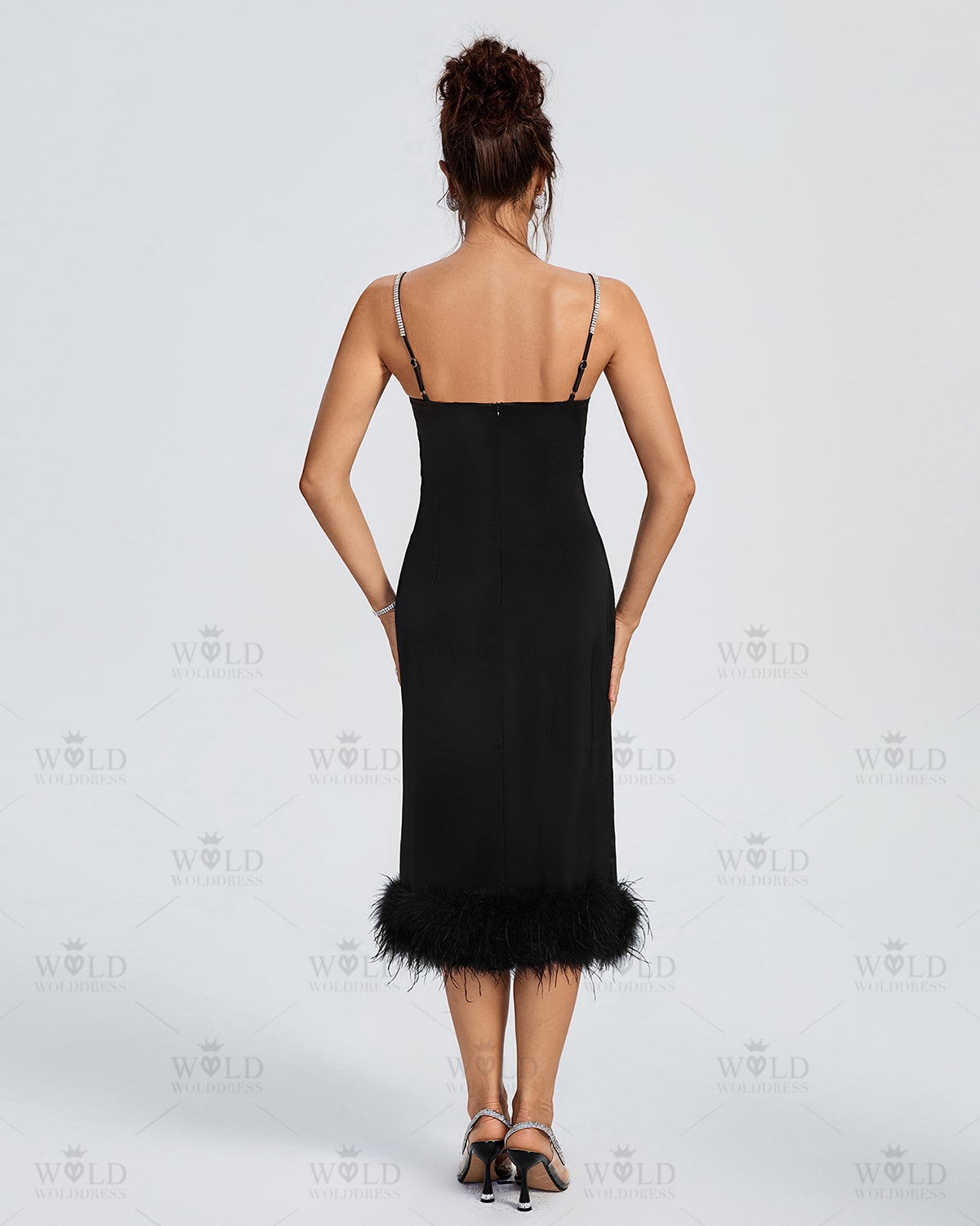 Strappy Backless Feather Trim Midi Dress