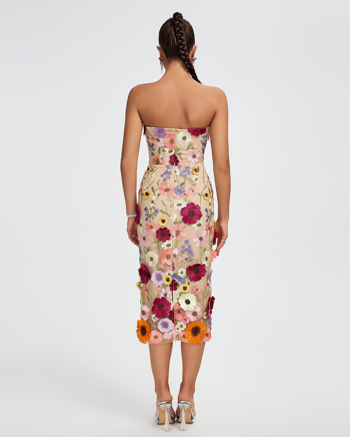 Maraya Strapless Floral Applique Midi Dress