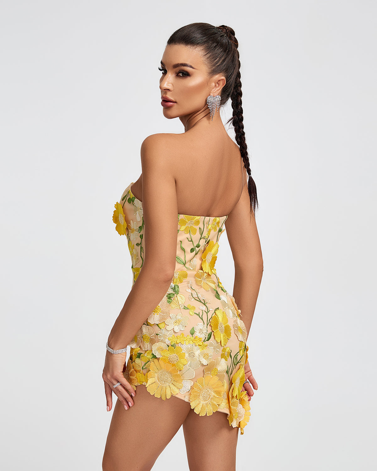 Strapless 3D Floral Mini Dress