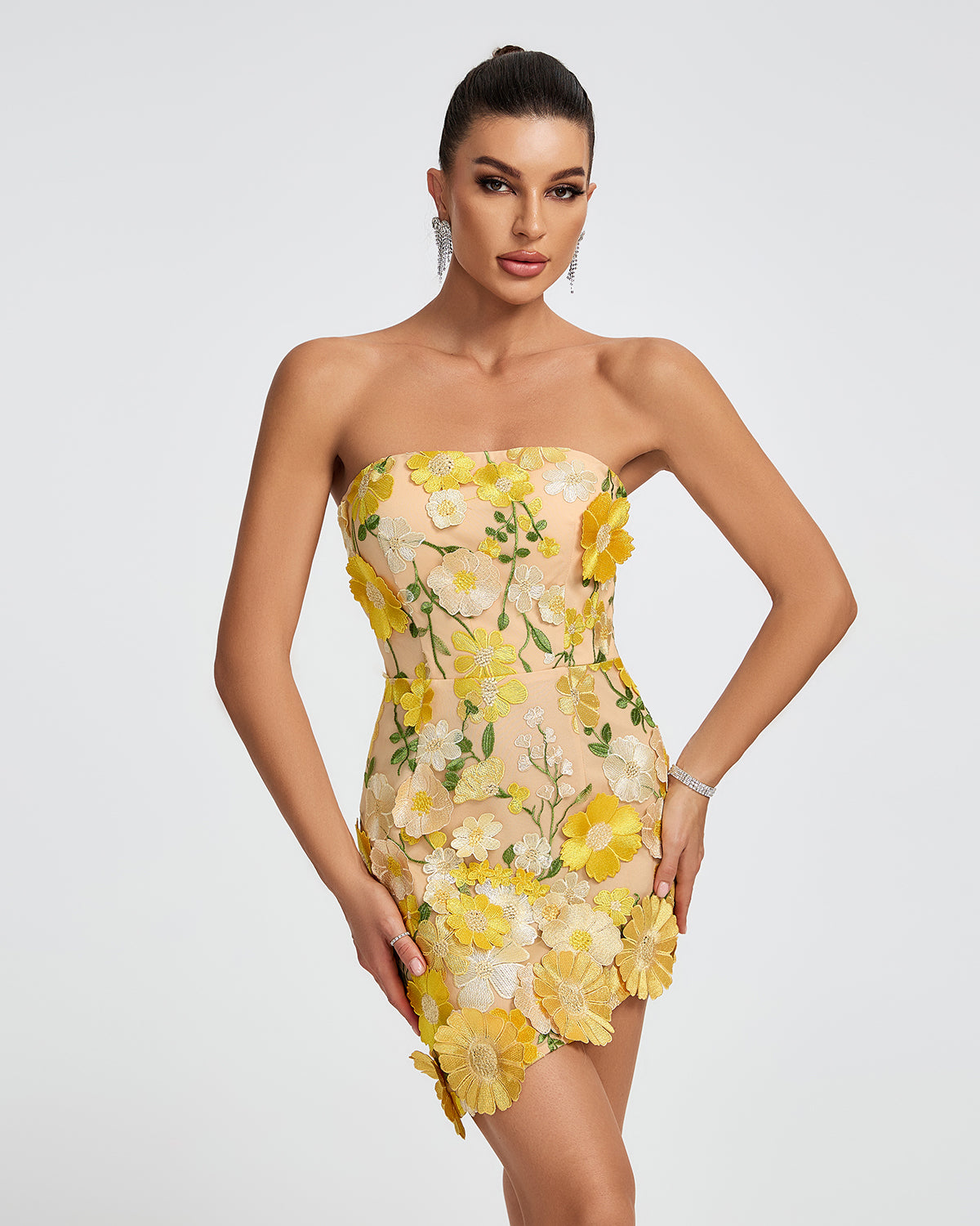 Strapless 3D Floral Mini Dress