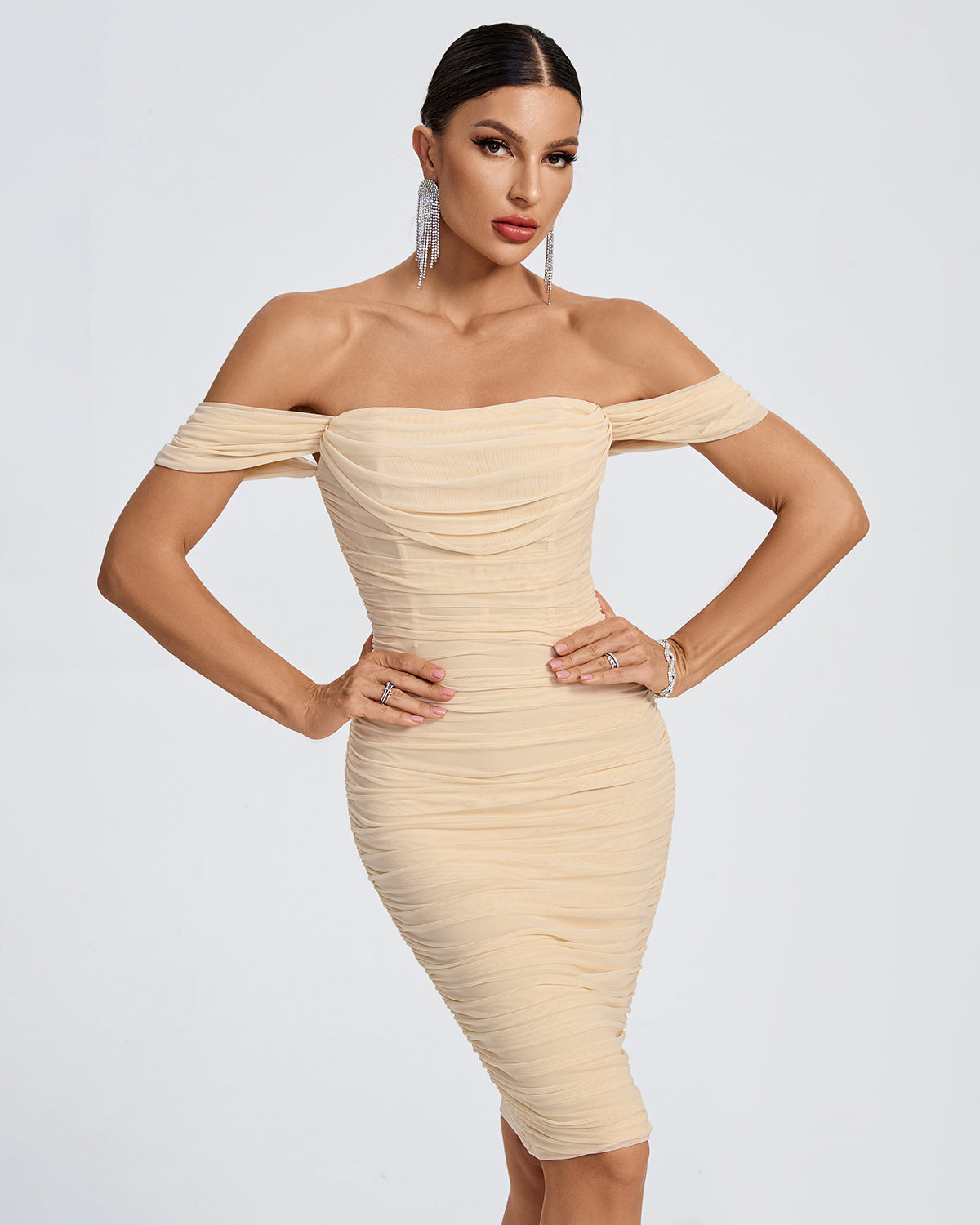 Off Shoulder Ruched Mesh Midi Dress