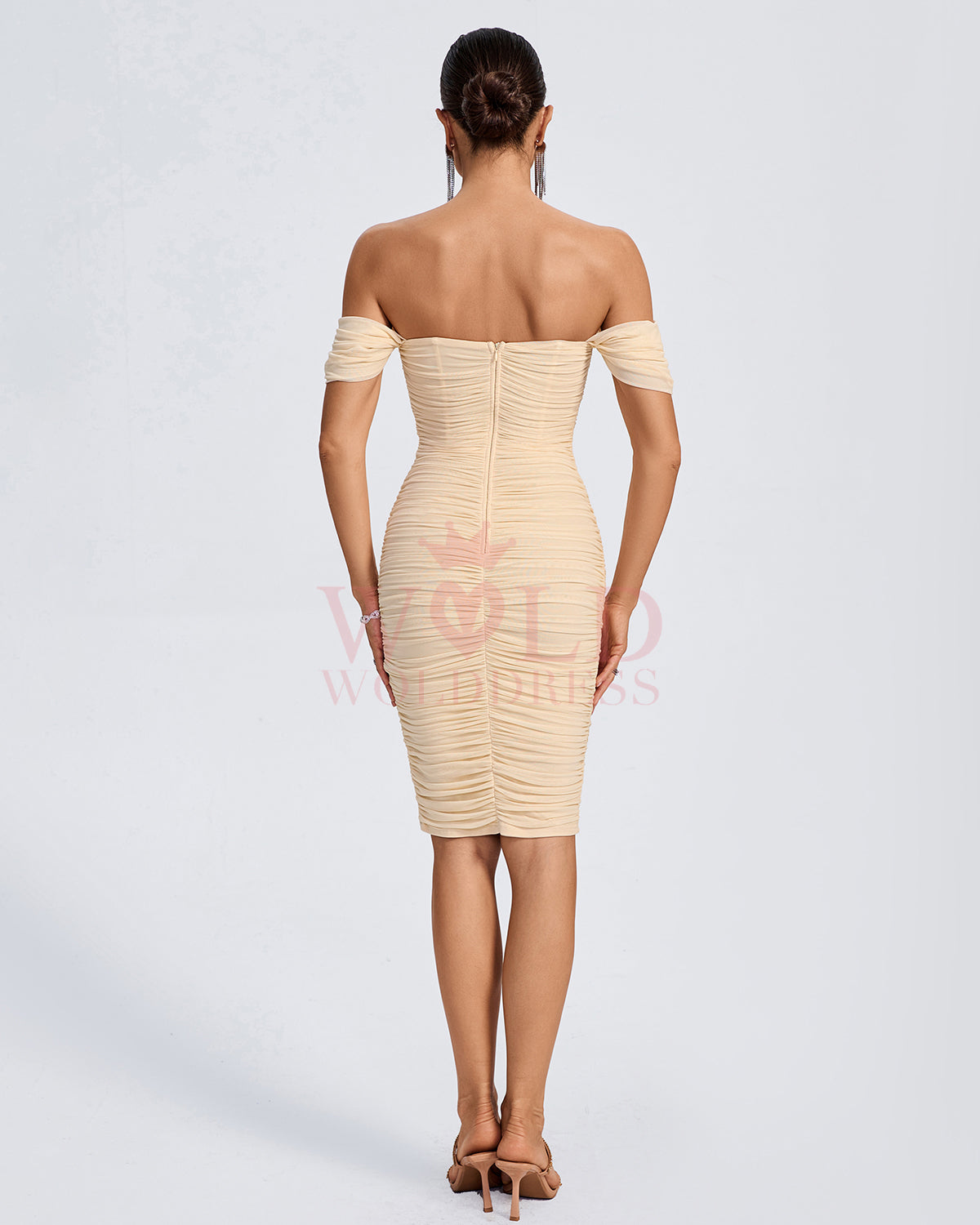 Off Shoulder Ruched Mesh Midi Dress