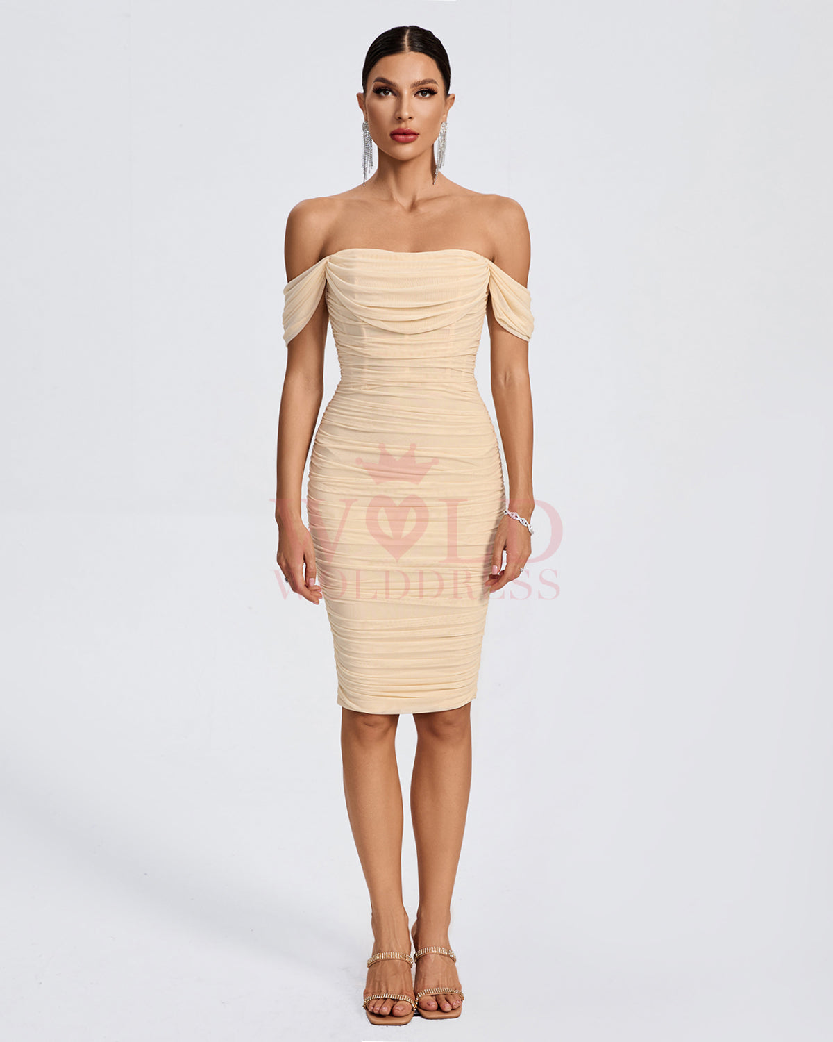 Off Shoulder Ruched Mesh Midi Dress