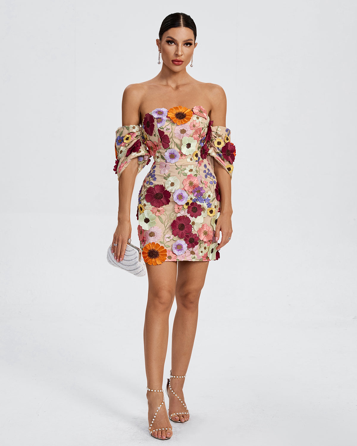 Off Shoulder Floral Embellished Mini Dress