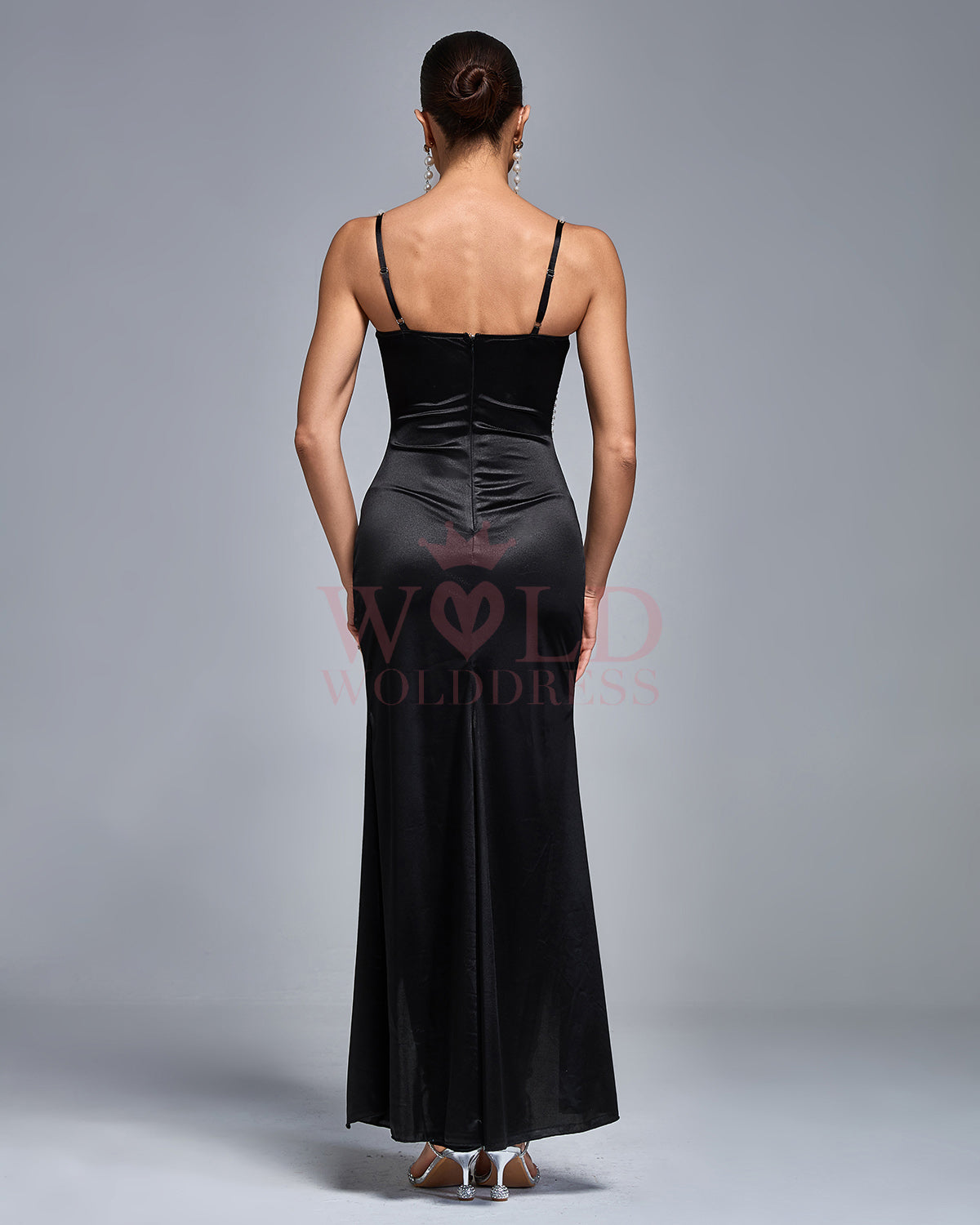 Pearl Strap High Slit Ruched Satin Dress