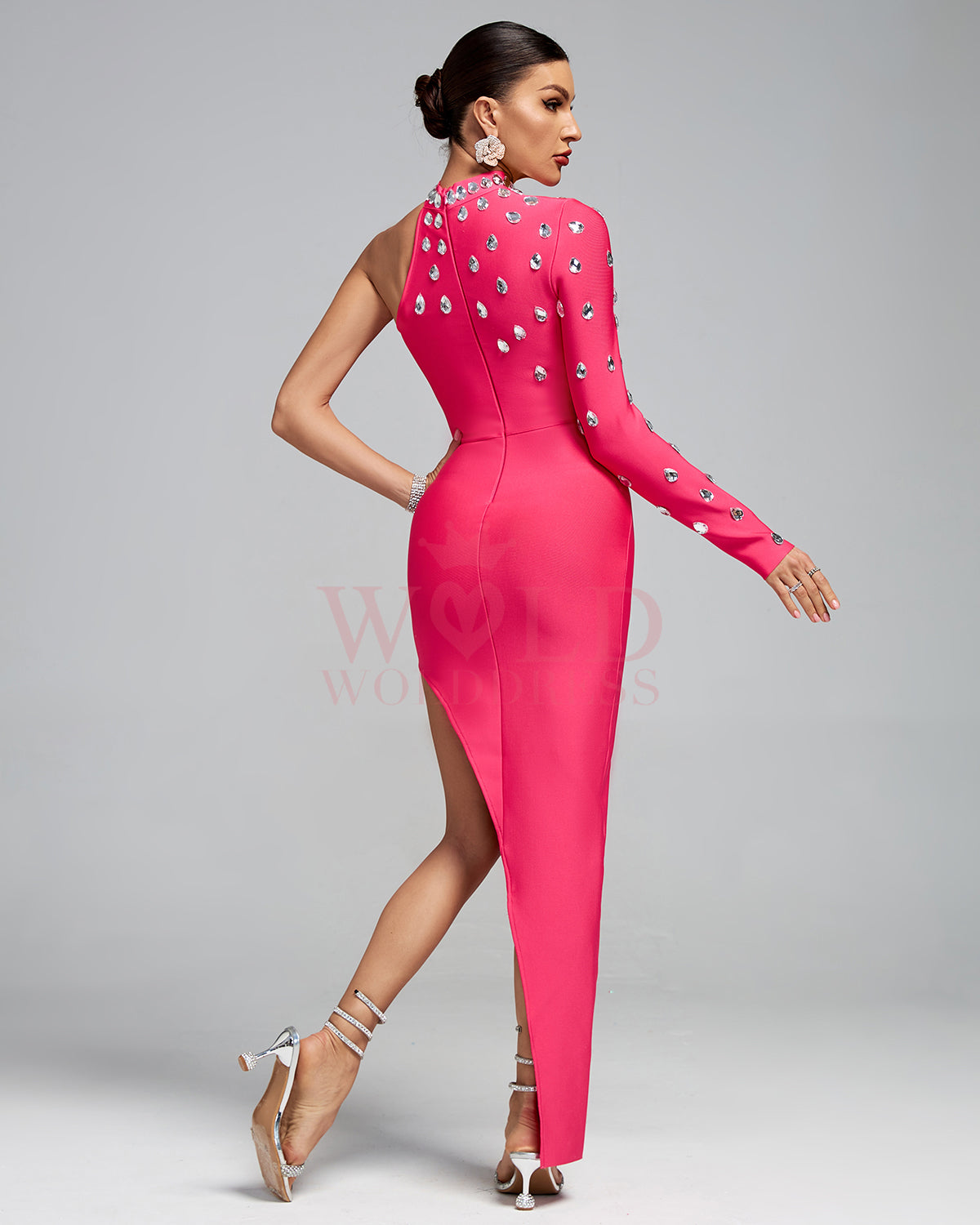 One Sleeve Rhinestone Bandage Maxi Dress