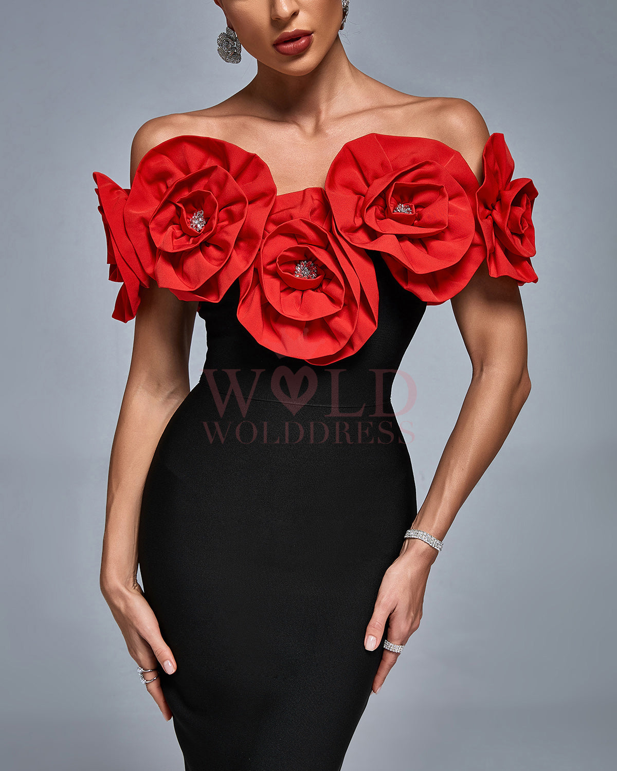 Off Shoulder Crystal Flowers Bandage Dress