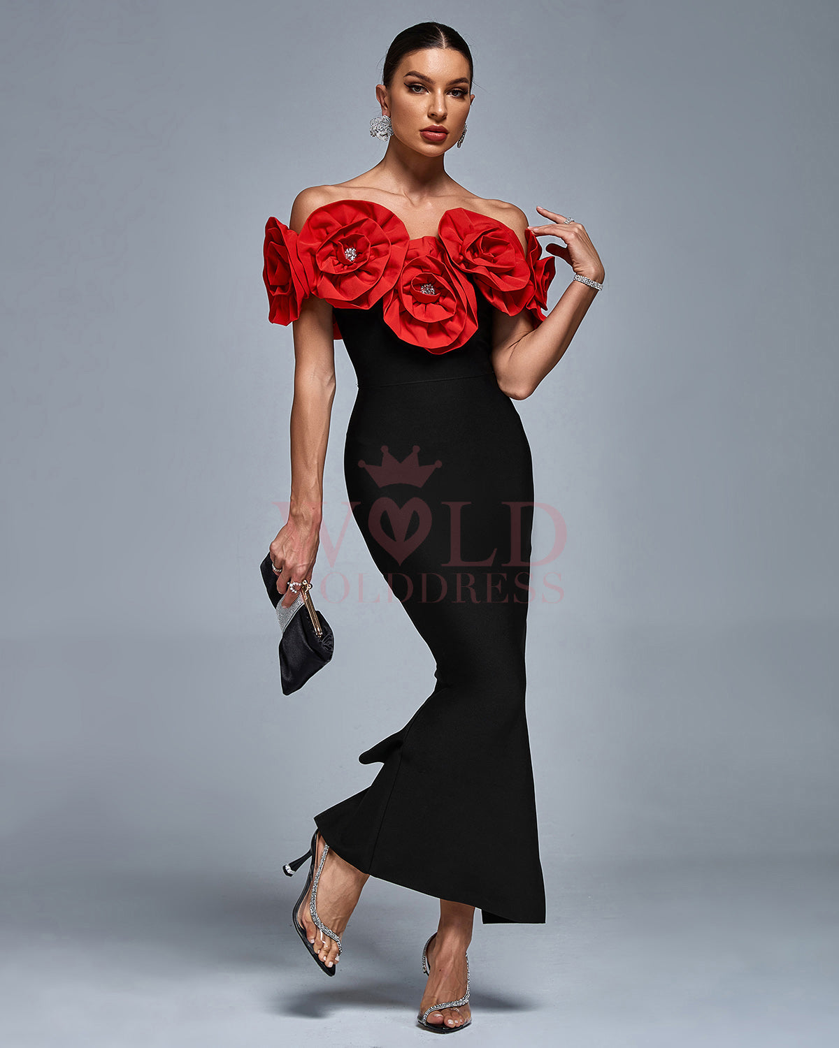 Off Shoulder Crystal Flowers Bandage Dress