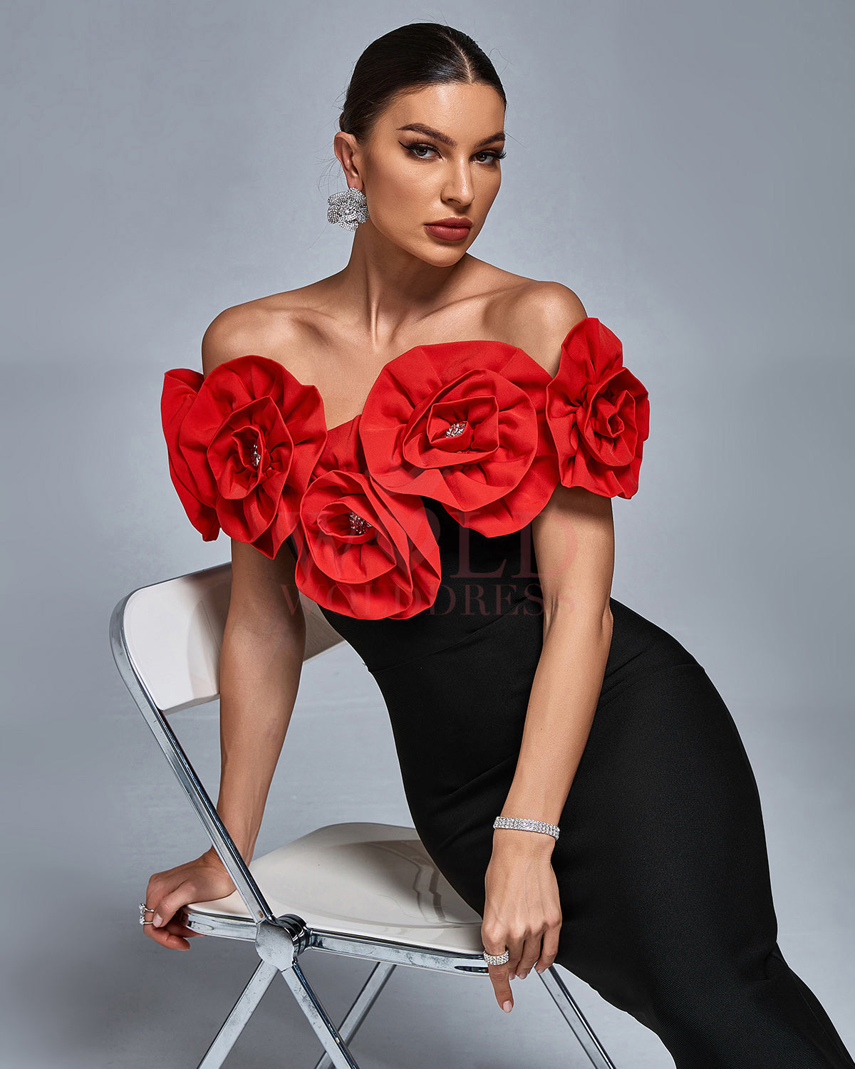 Off Shoulder Crystal Flowers Bandage Dress