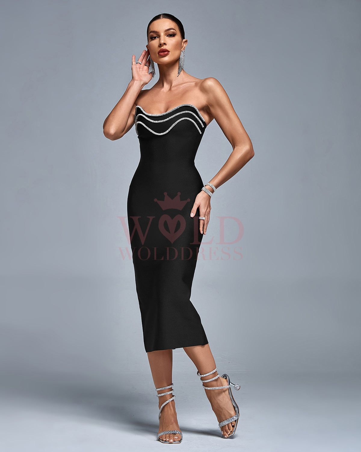 Open Back Crystal Trim Bandage Midi Dress