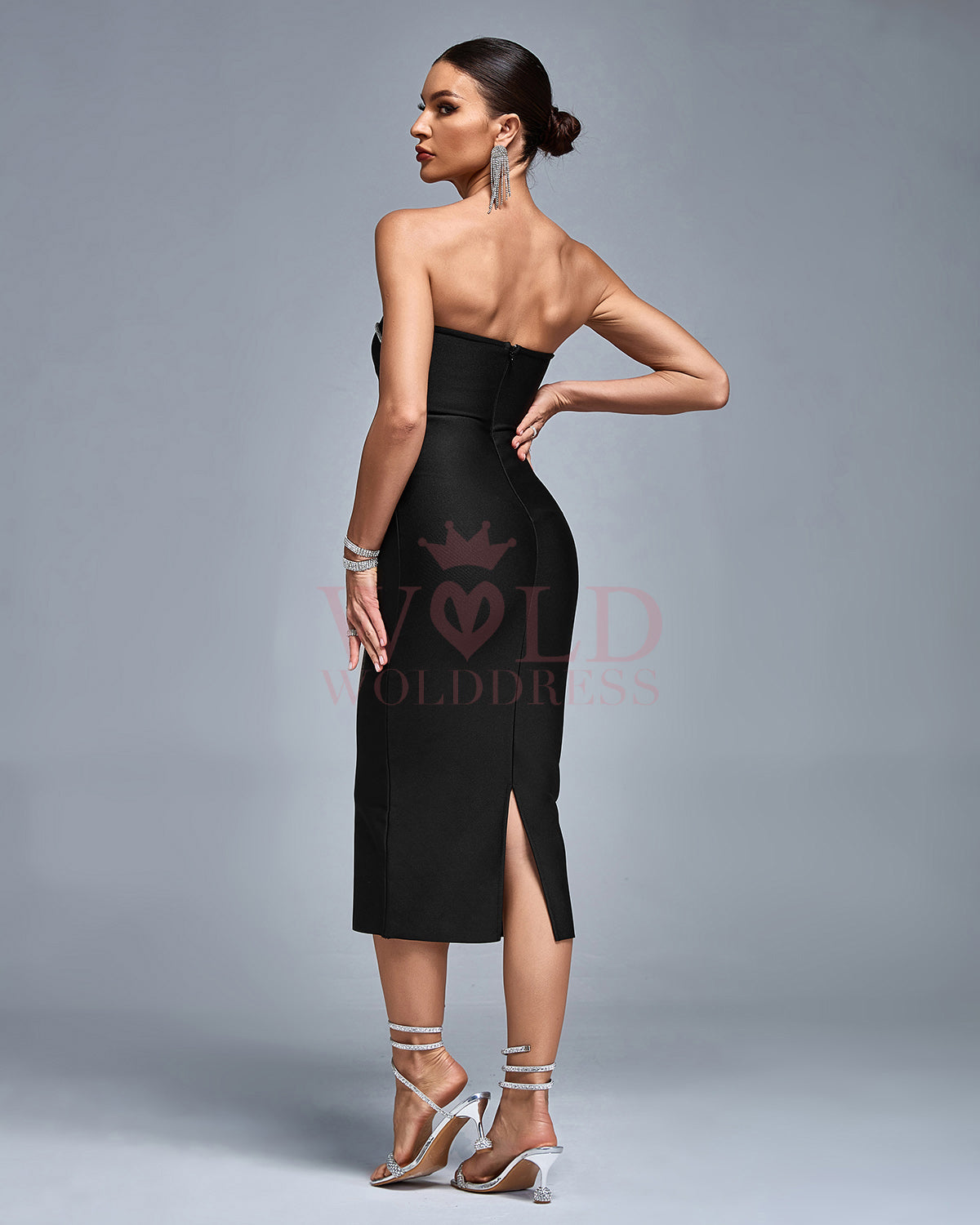 Open Back Crystal Trim Bandage Midi Dress