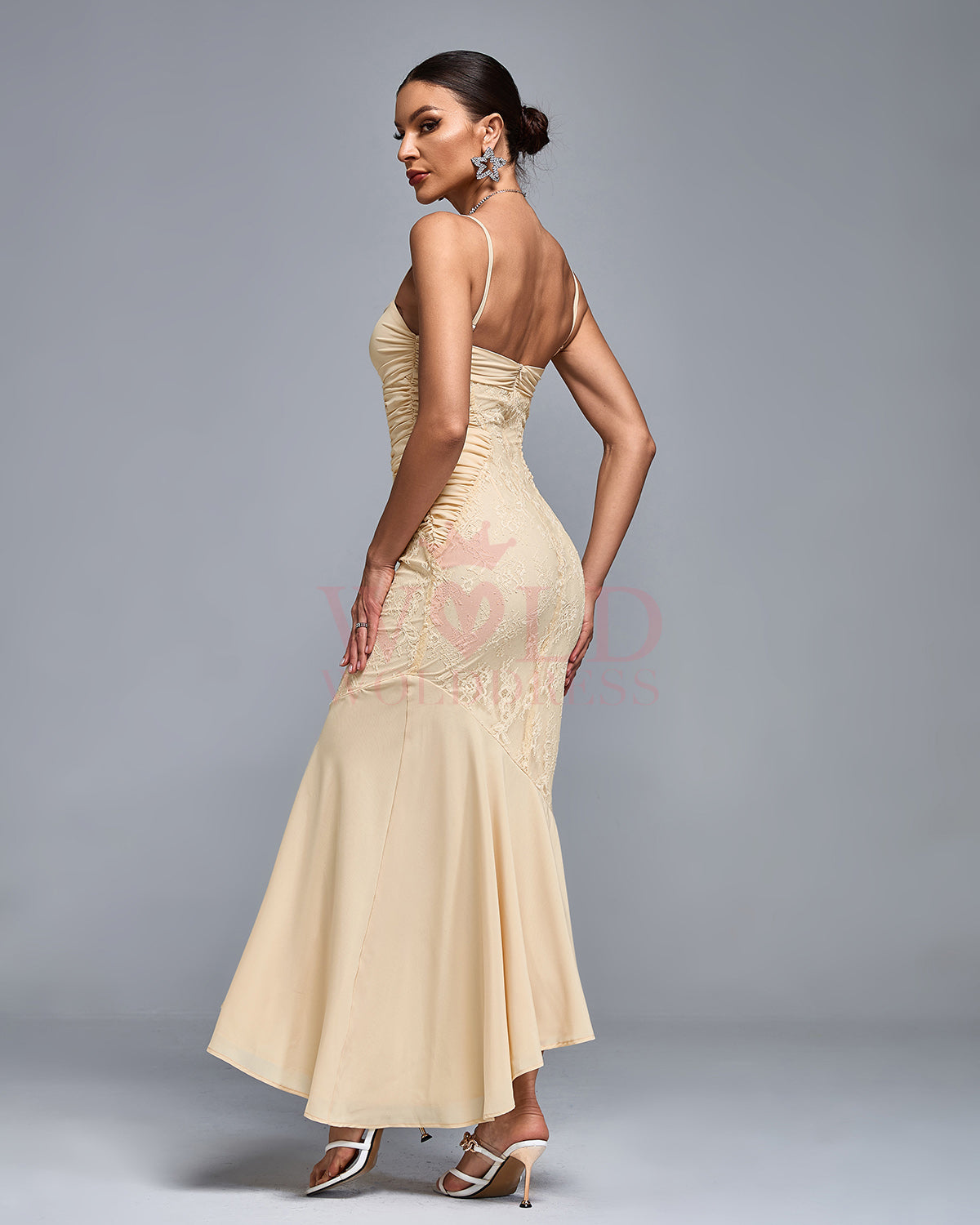 Chiffon Lace Ruched Open Back Gown