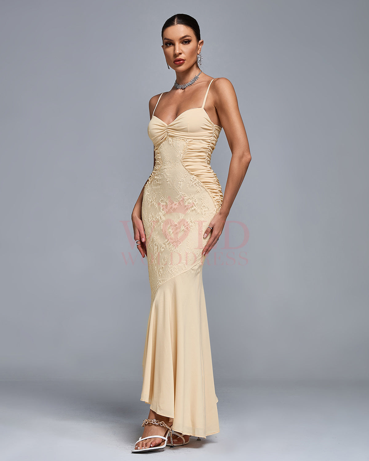 Chiffon Lace Ruched Open Back Gown