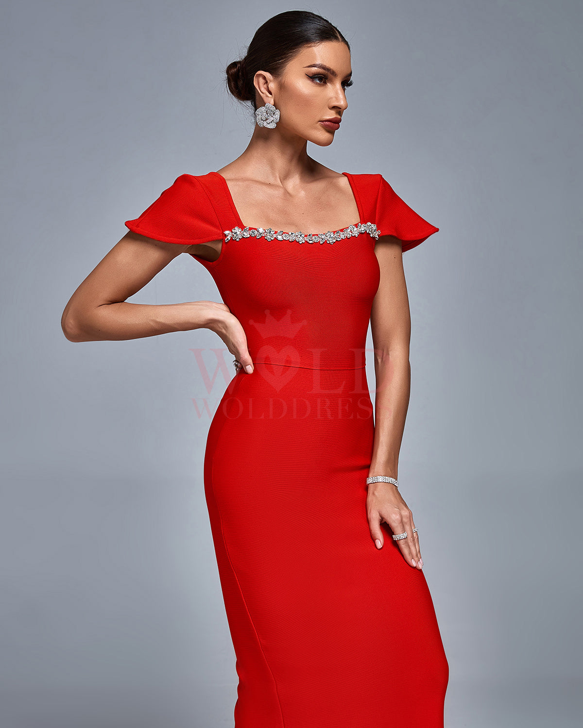 Square Neck Rhinestone Trim Bandage Dress