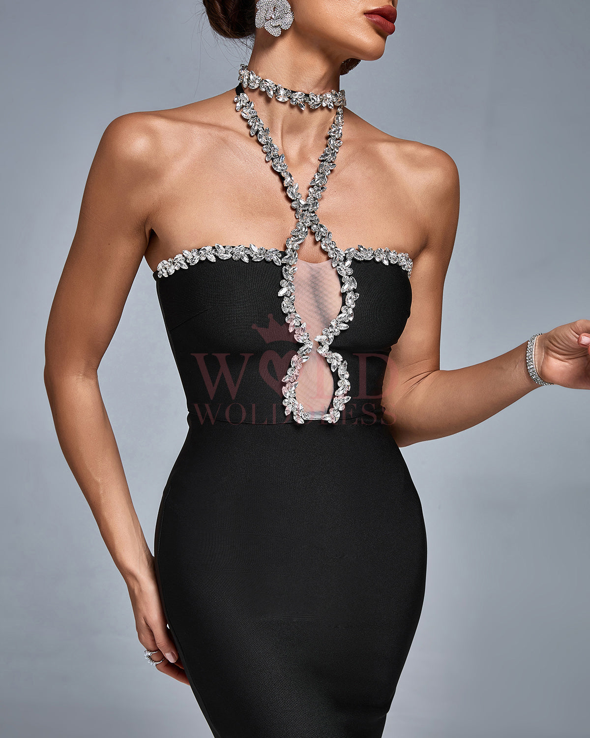 Crystal Chain Halter Bandage Evening Gown