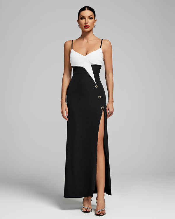 Two-tone Strap High Slit Long Dress