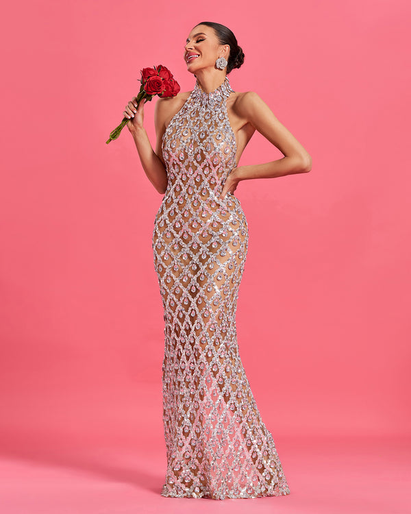 Sparkly Crystal Rhombi Hollowout Evening Gown