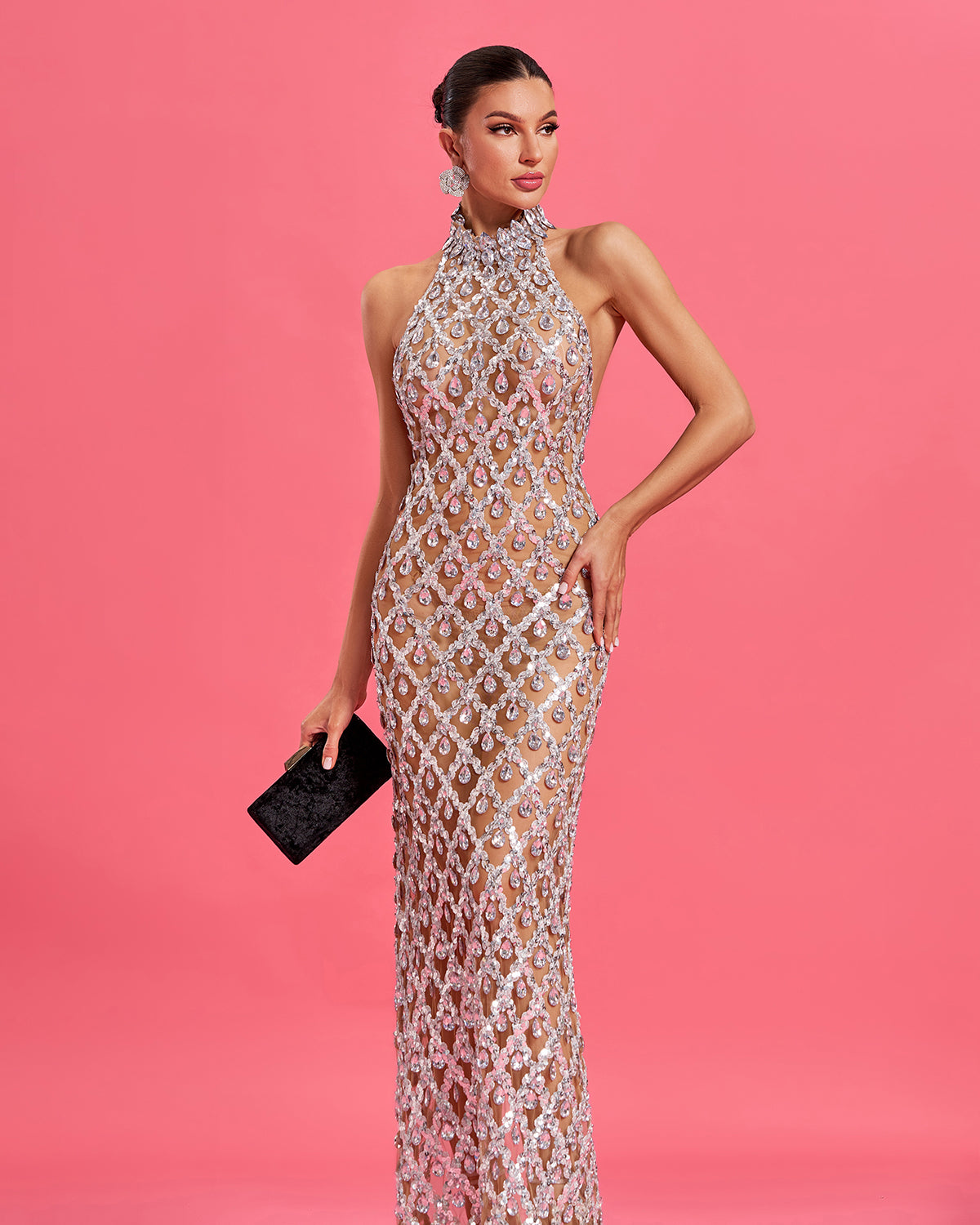 Sparkly Crystal Rhombi Hollowout Evening Gown