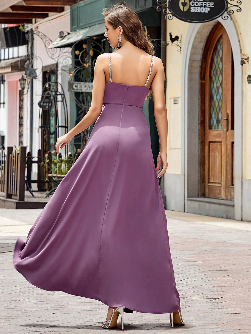 Purple Strappy Scalloped Bust Double Slits Maxi Dress