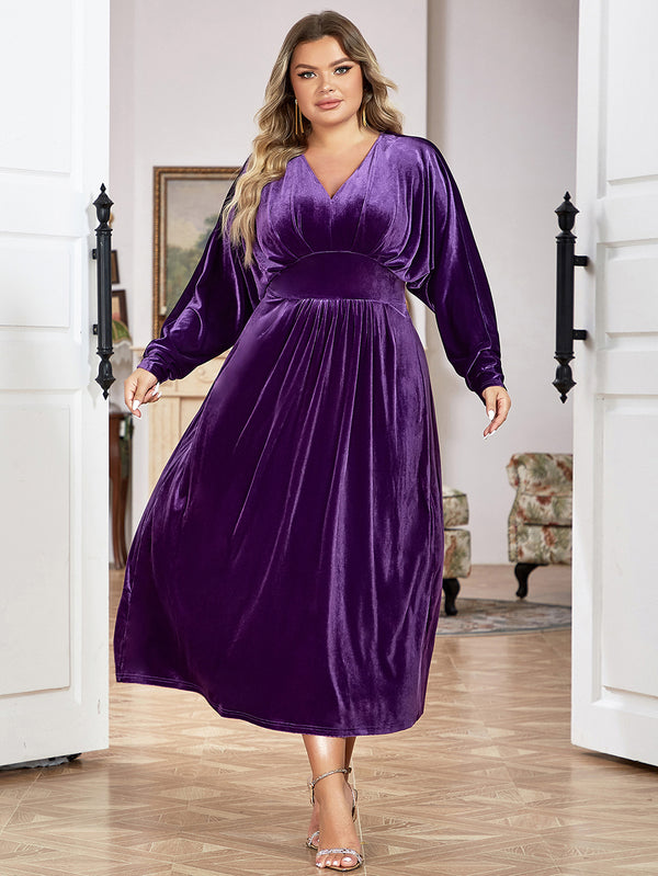 Purple V Neck Ruched Midi Dress