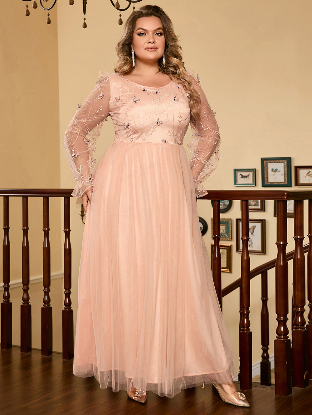 Apricot Tulle Long Dress with Butterfly Details