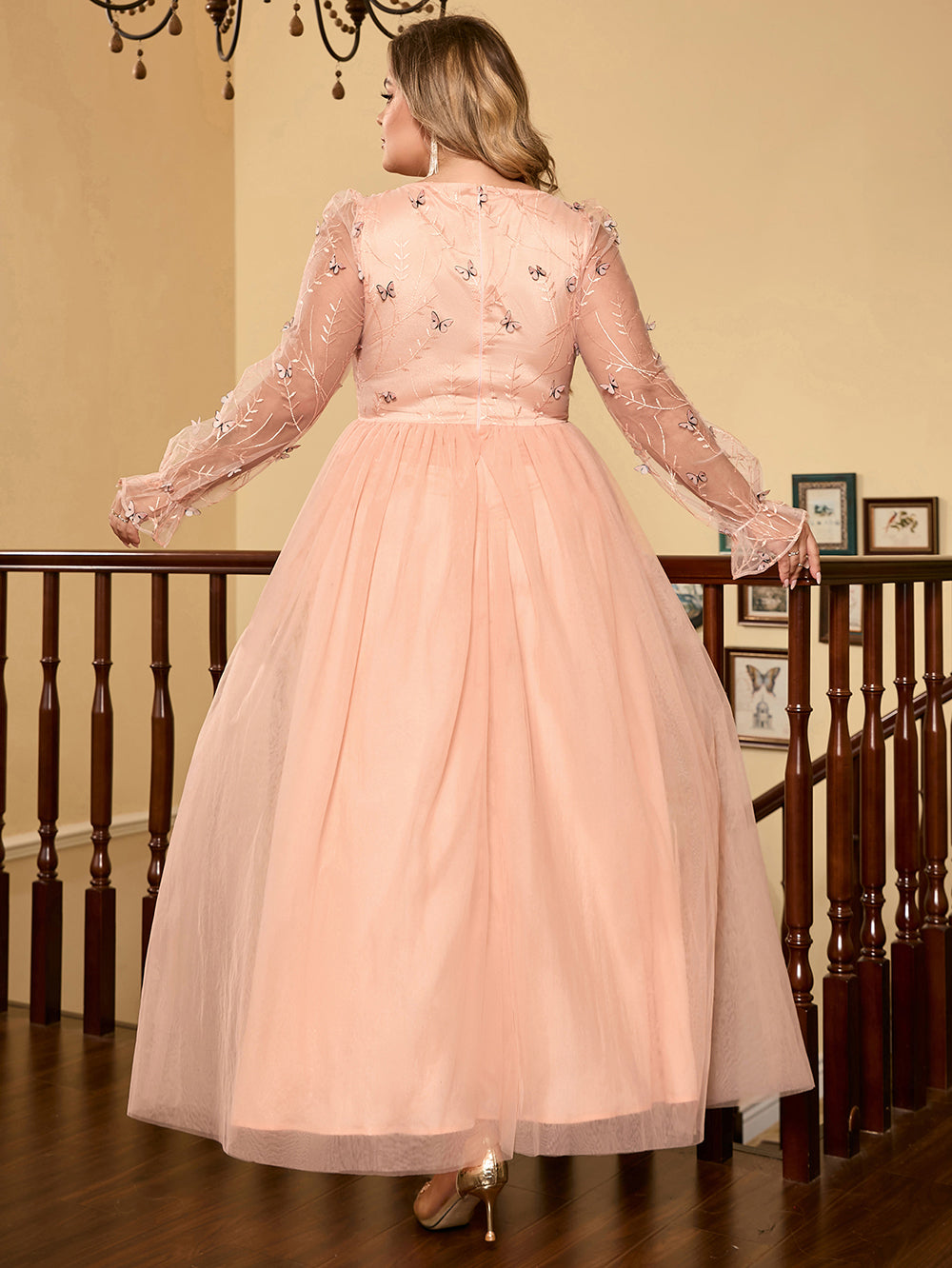 Apricot Tulle Long Dress with Butterfly Details